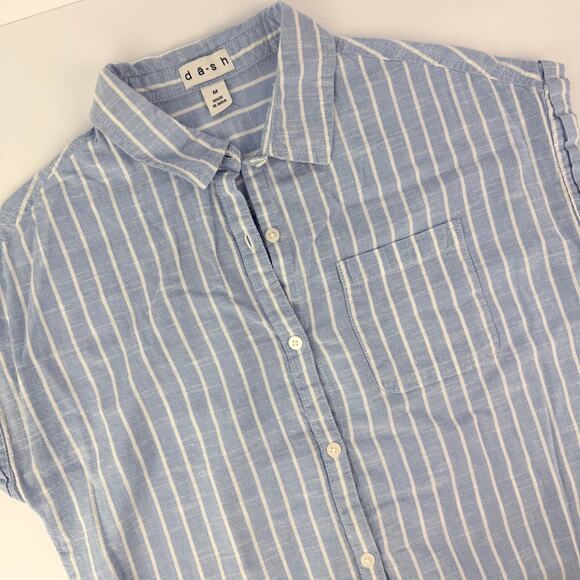 Da-sh XL Striped Blue White Cap Sleeve Button Up Women's Cotton Blouse Coastal - Picture 3 of 12